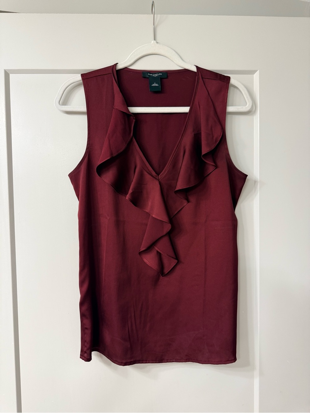 Ann Taylor Burgundy Ruffle V-Neck Sleeveless Shell
